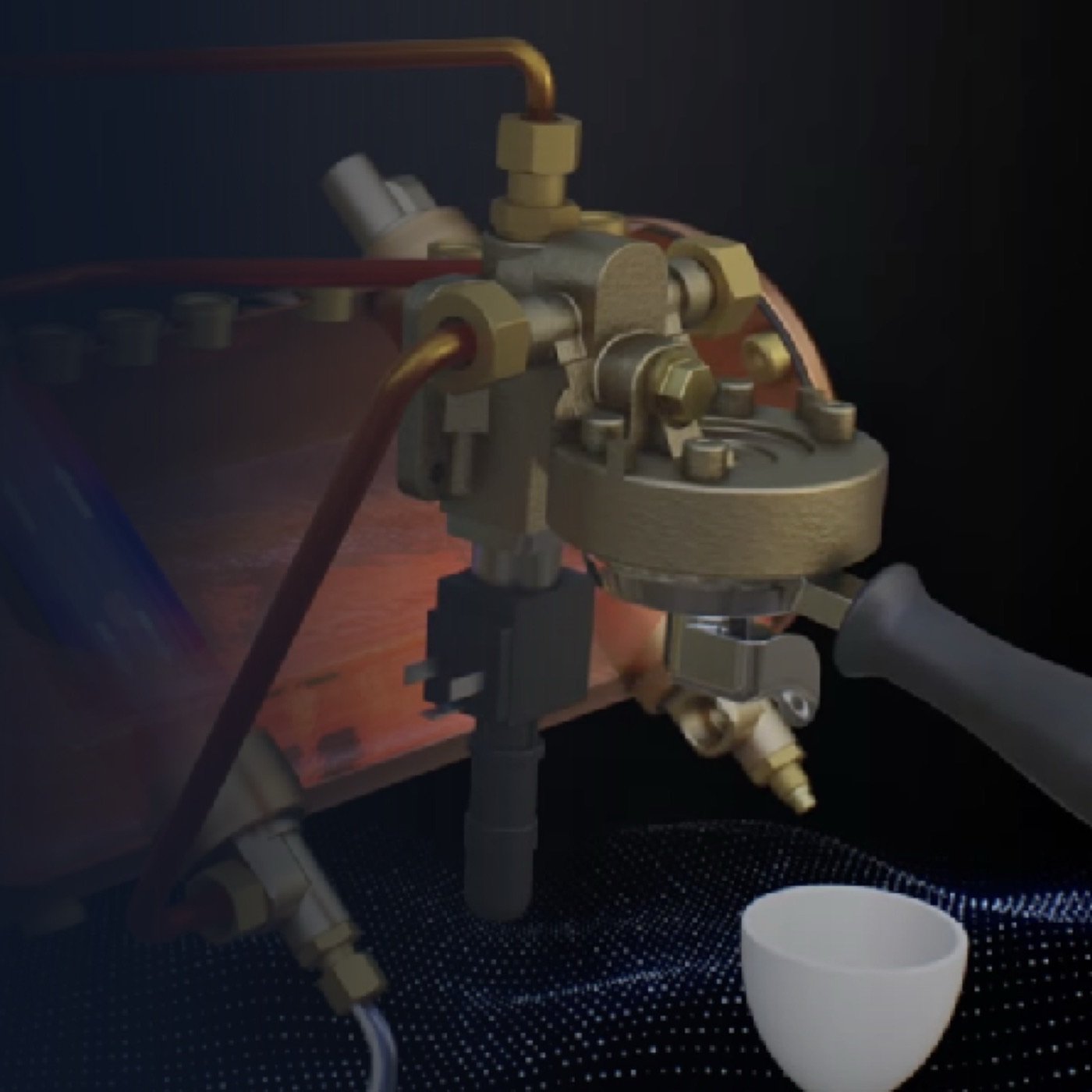 3D render of an espresso group head and portafilter above a cup